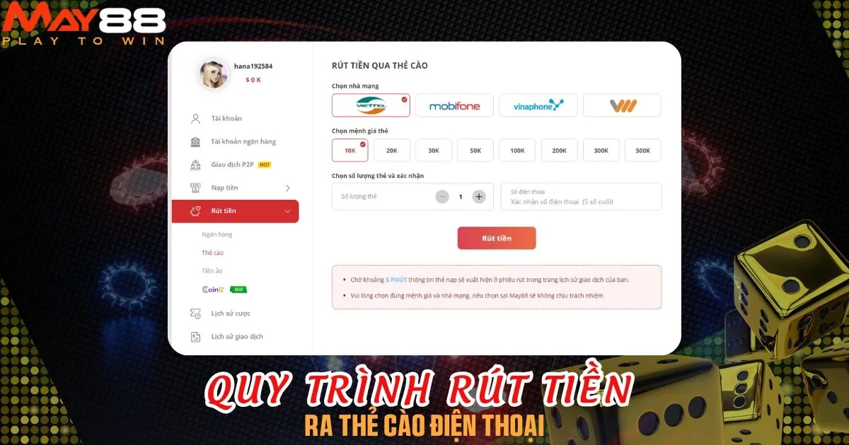 Hướng dẫn nhanh các bước rút tiền thắng bằng thẻ cào điện thoại